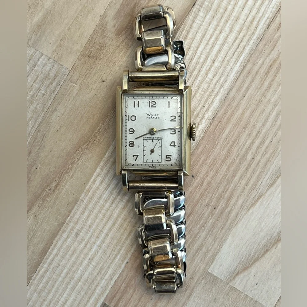 Wyler Incaflex 14K Gold Filled RARE Watch White Dial Vintage Stretch Bracelet